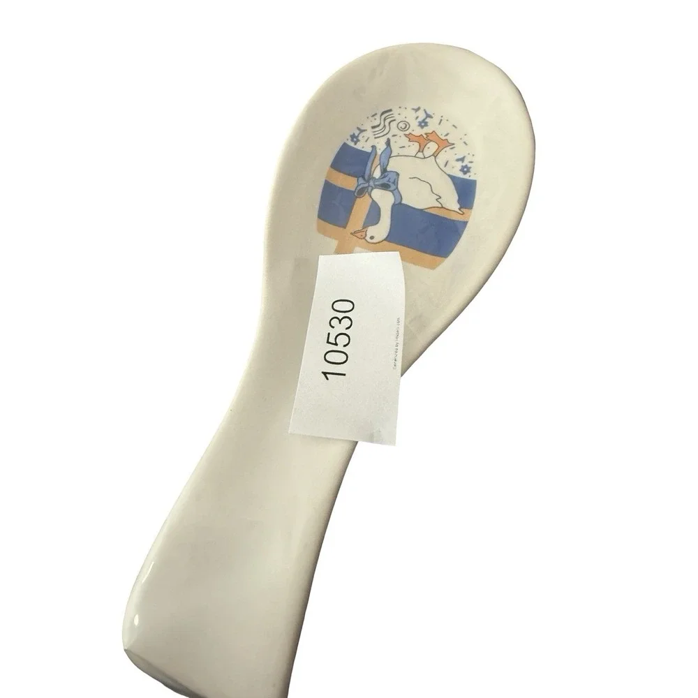 Vintage Ceramic Spoon Rest With blue bow flowers Patterned Duck Motif